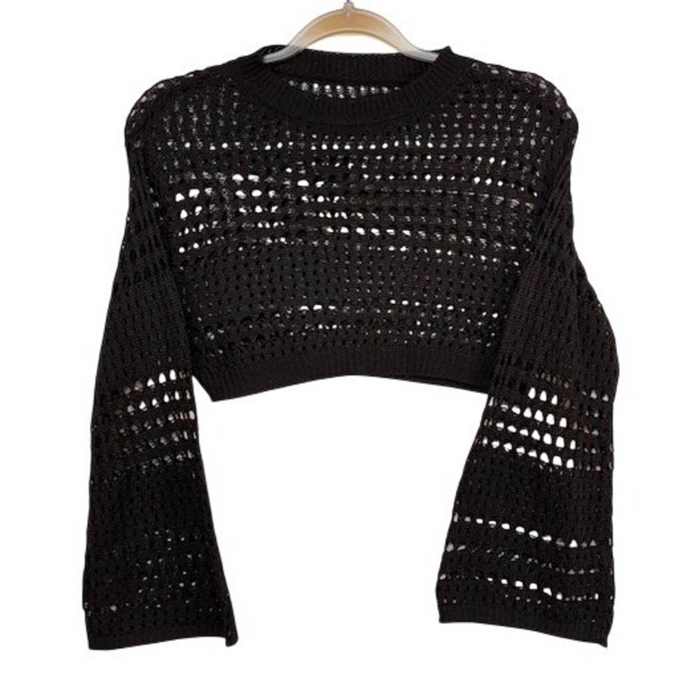 Black Crochet Knit Cropped Sweater Long Sleeve Open Weave Boho Beachy Airy Indie